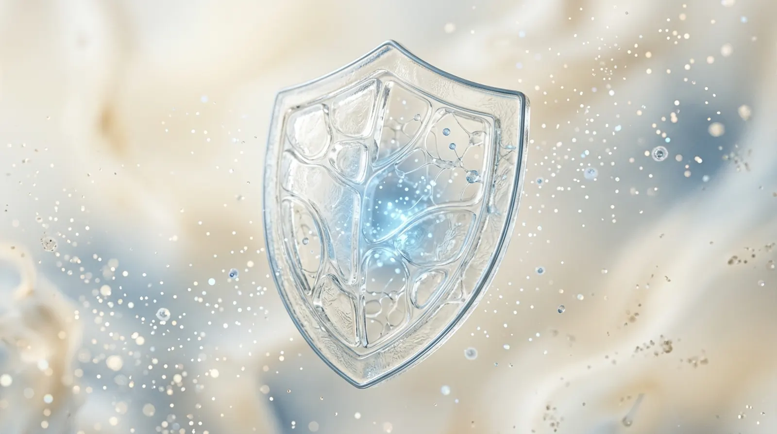 A translucent glass shield surrounded by drifting light particles
