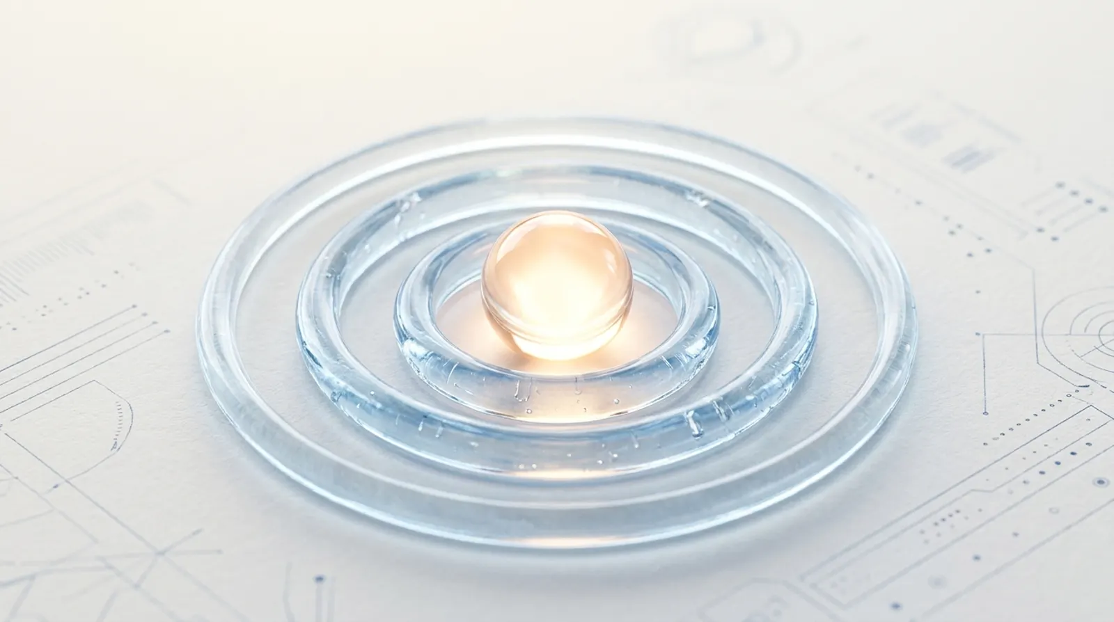 A luminous glass bead at the center of concentric translucent rings