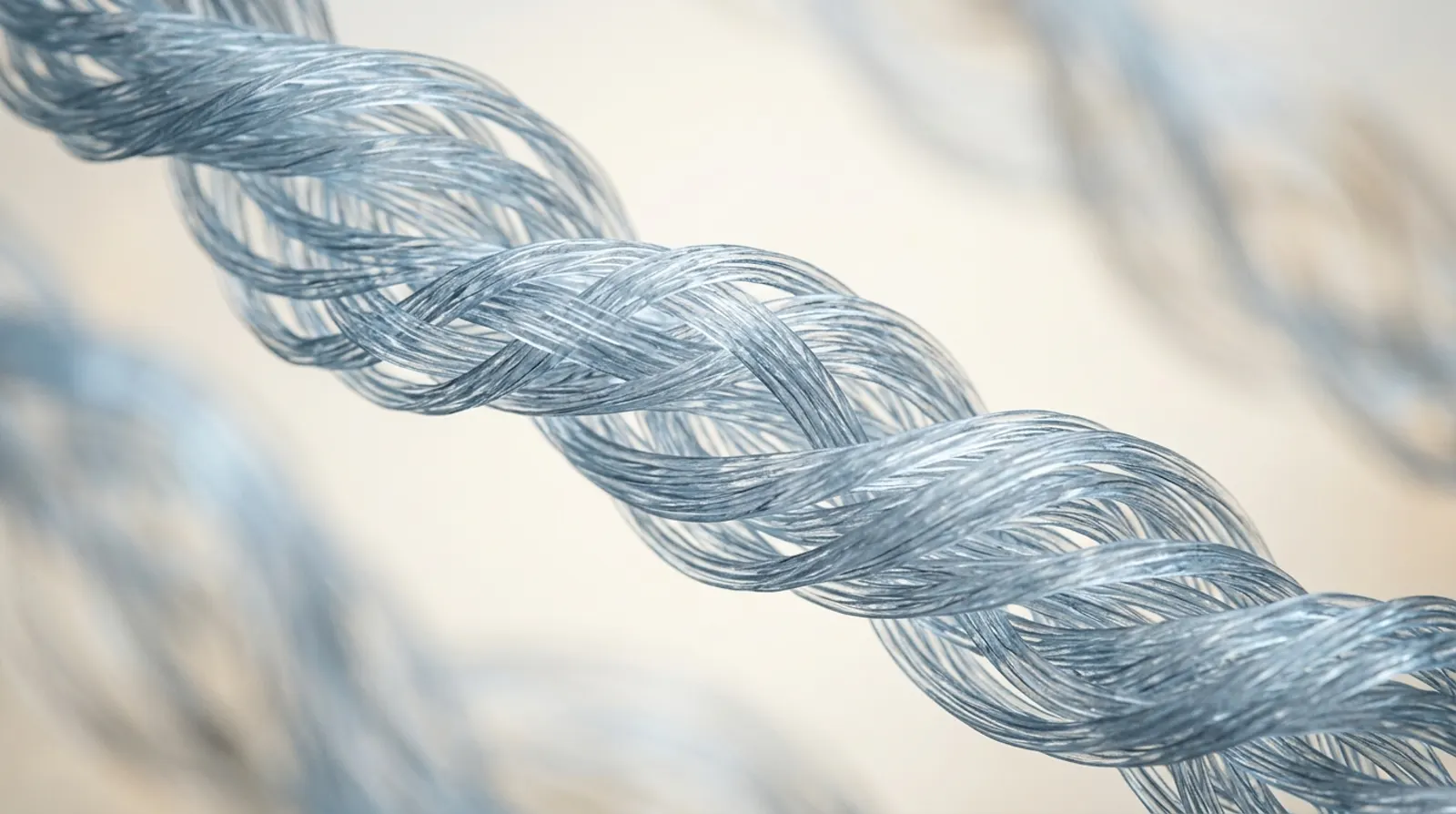 Braided translucent fibers in a spiral bundle catching blue light