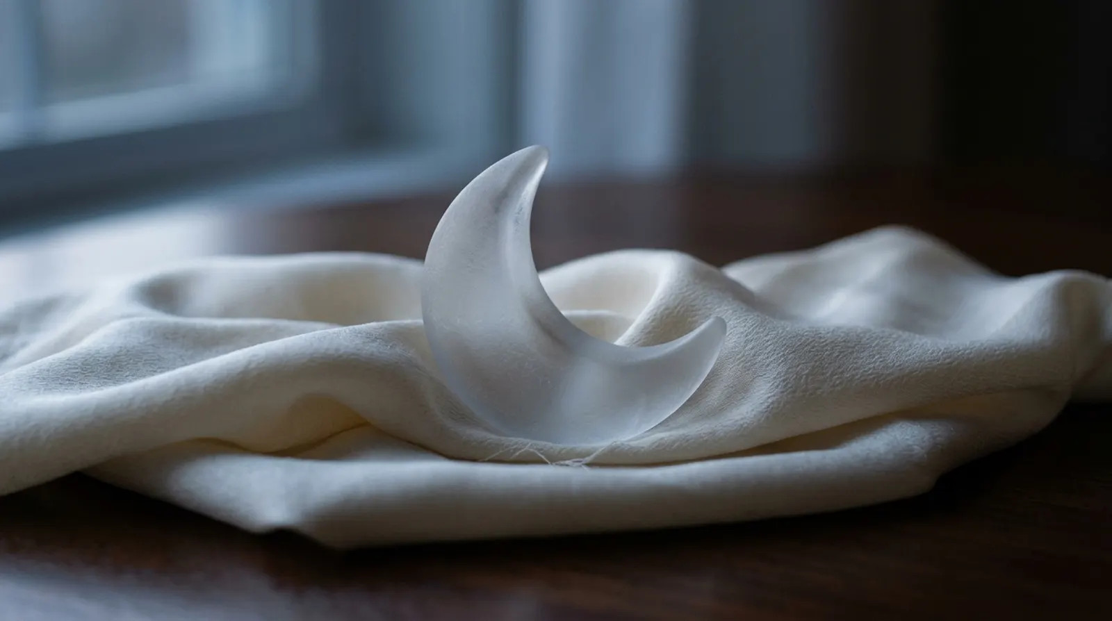 A frosted glass crescent moon resting on ivory silk
