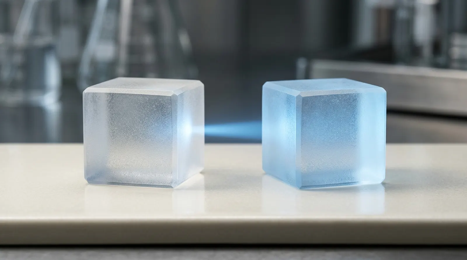 Two frosted glass cubes connected by a beam of soft blue light