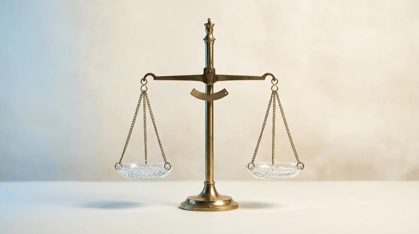 A brass and glass balance scale with clear beads on both pans