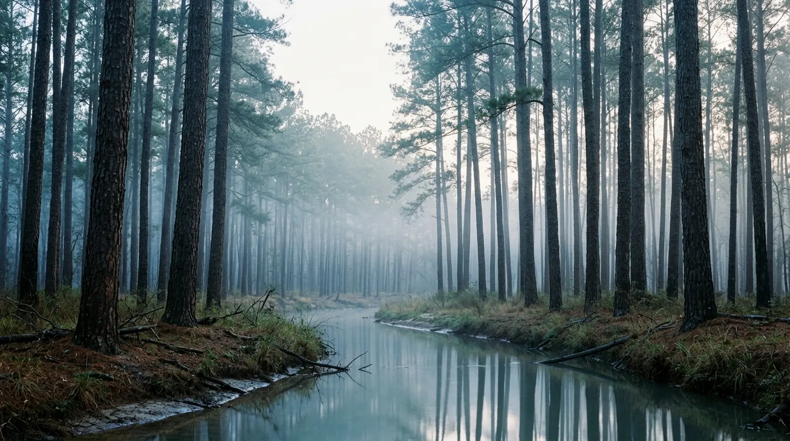 Tall pine trunks by a misty Texas creek at dawn