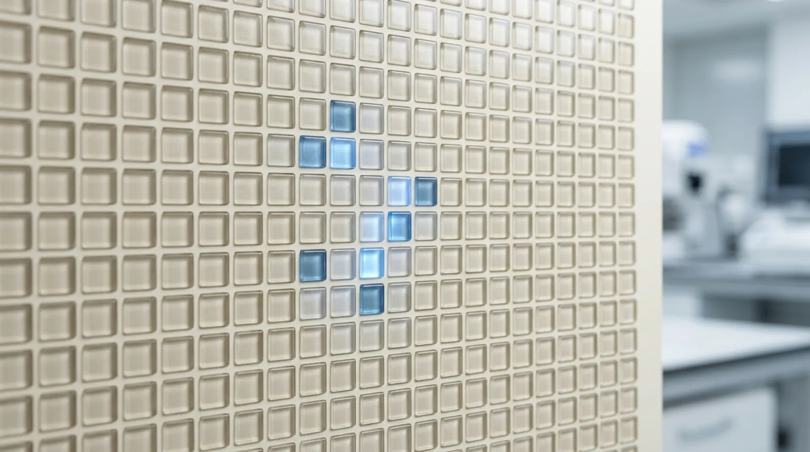 A wall of translucent glass tiles in a precise grid, a few glowing blue