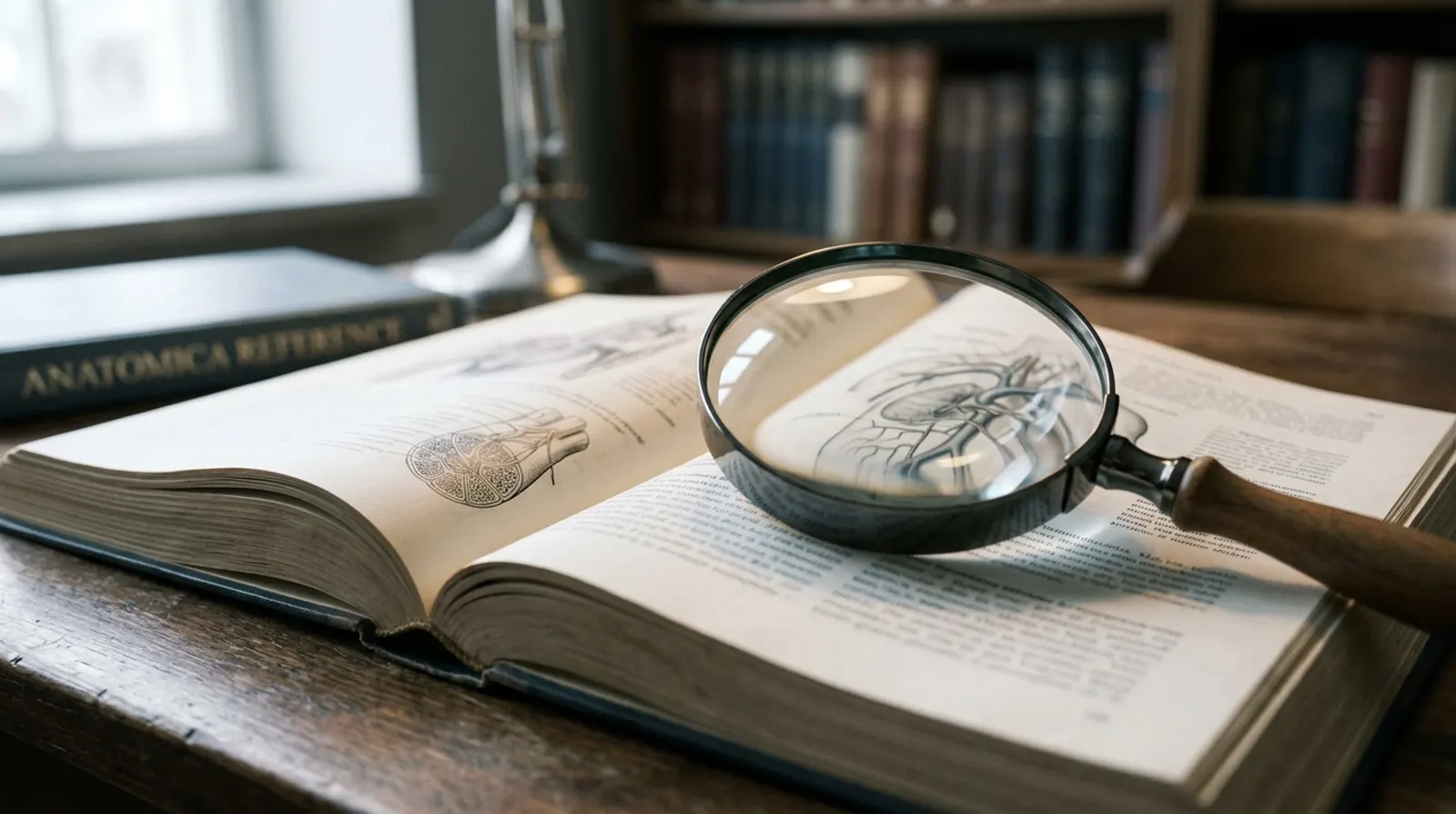 An open reference book with a glass magnifying lens resting on the page