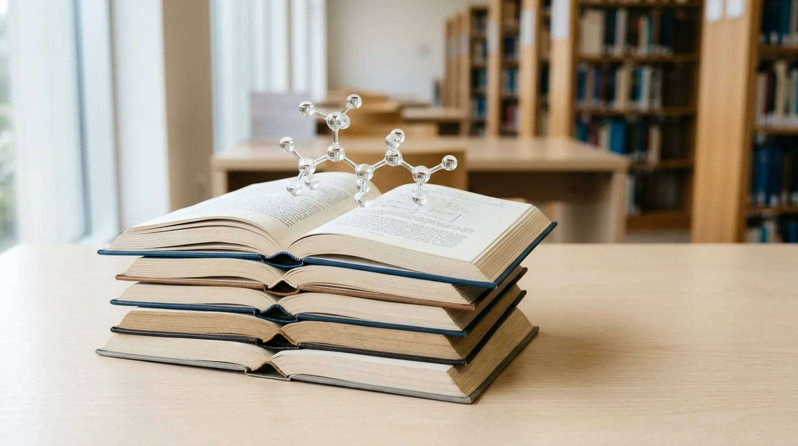 A stack of open reference books with a glass molecular model resting on top