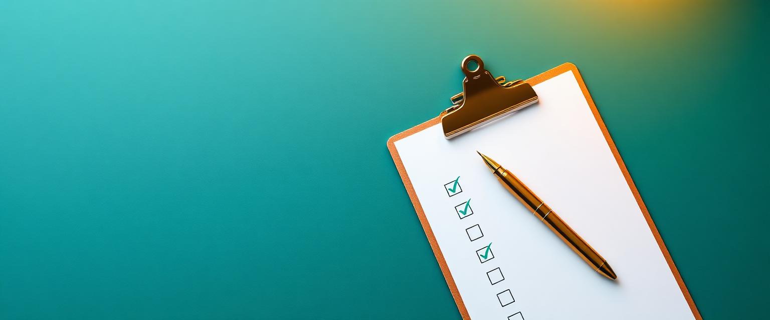 Medical clipboard and gold pen with checklist