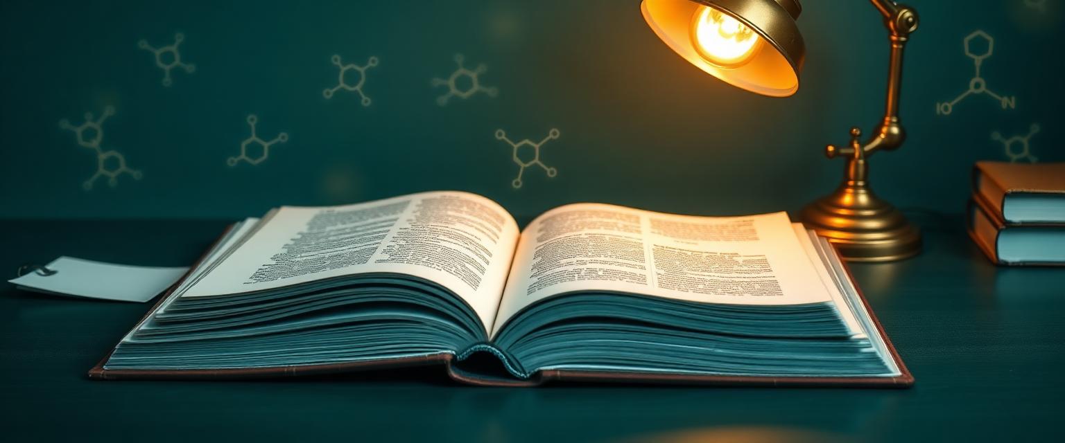 Open research journal with warm gold reading light