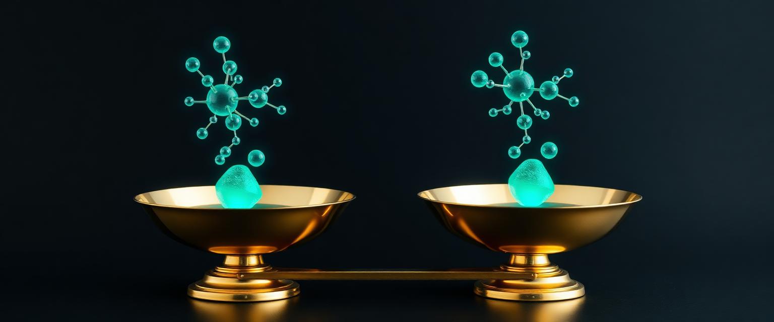 Brass scales with glowing molecular structures