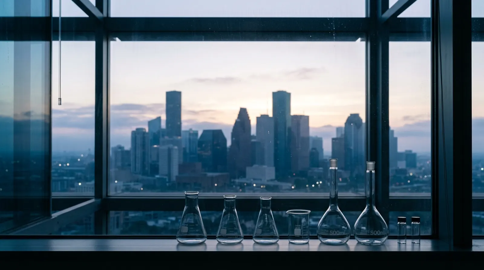 The Houston skyline at dawn seen past laboratory glassware on a windowsill