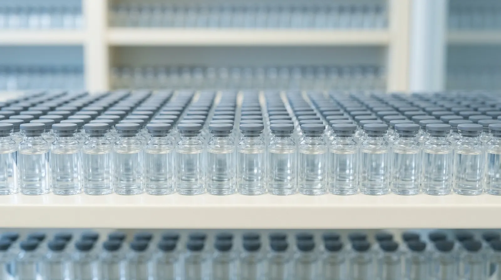An ordered archive of small clear glass vials in soft blue light