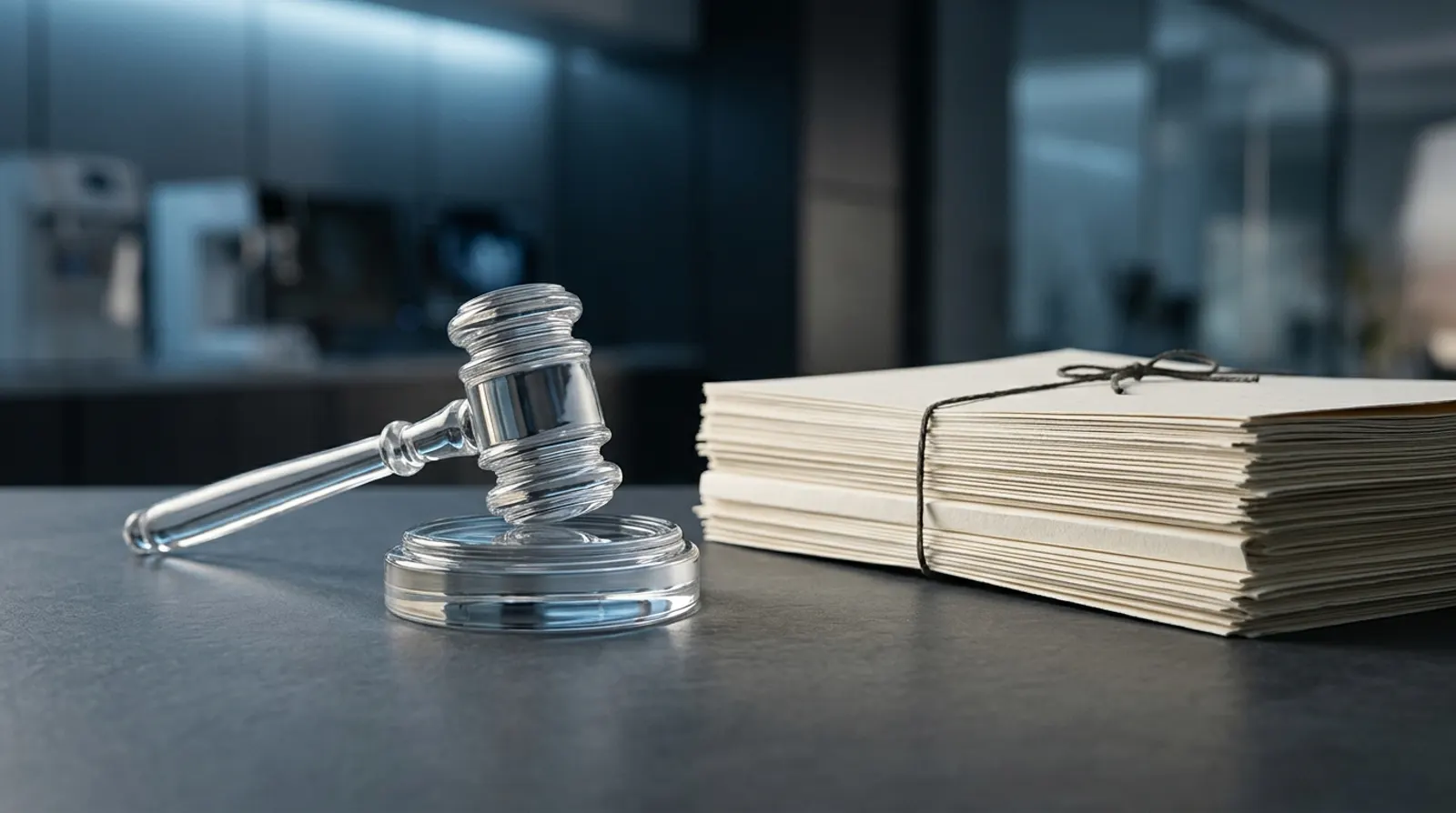A minimalist glass gavel beside a neat stack of ivory documents