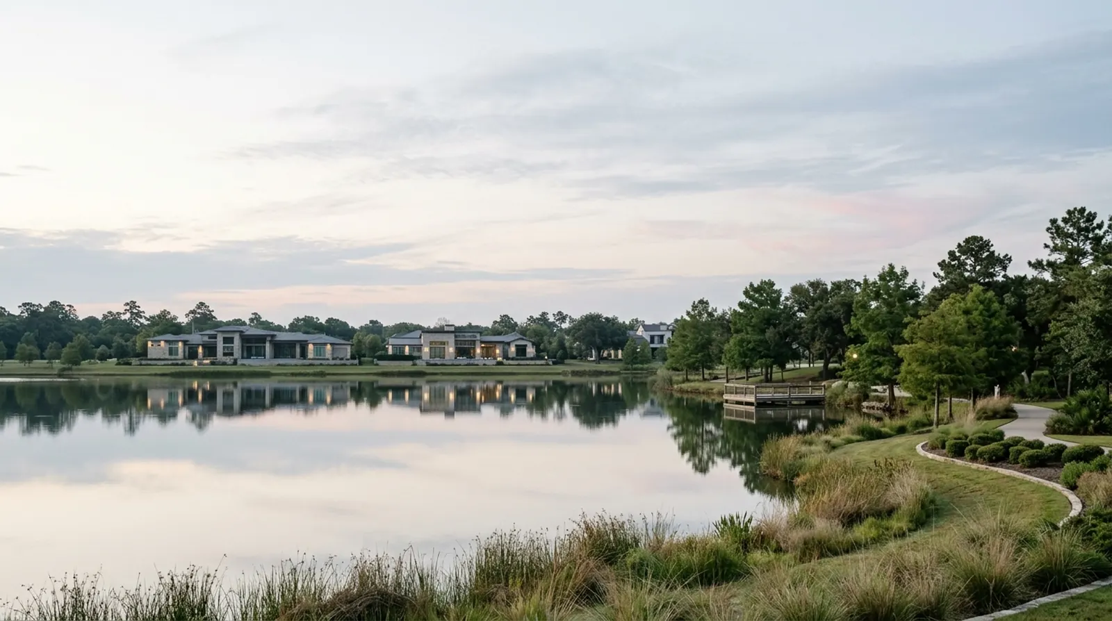 A calm suburban lake at first light