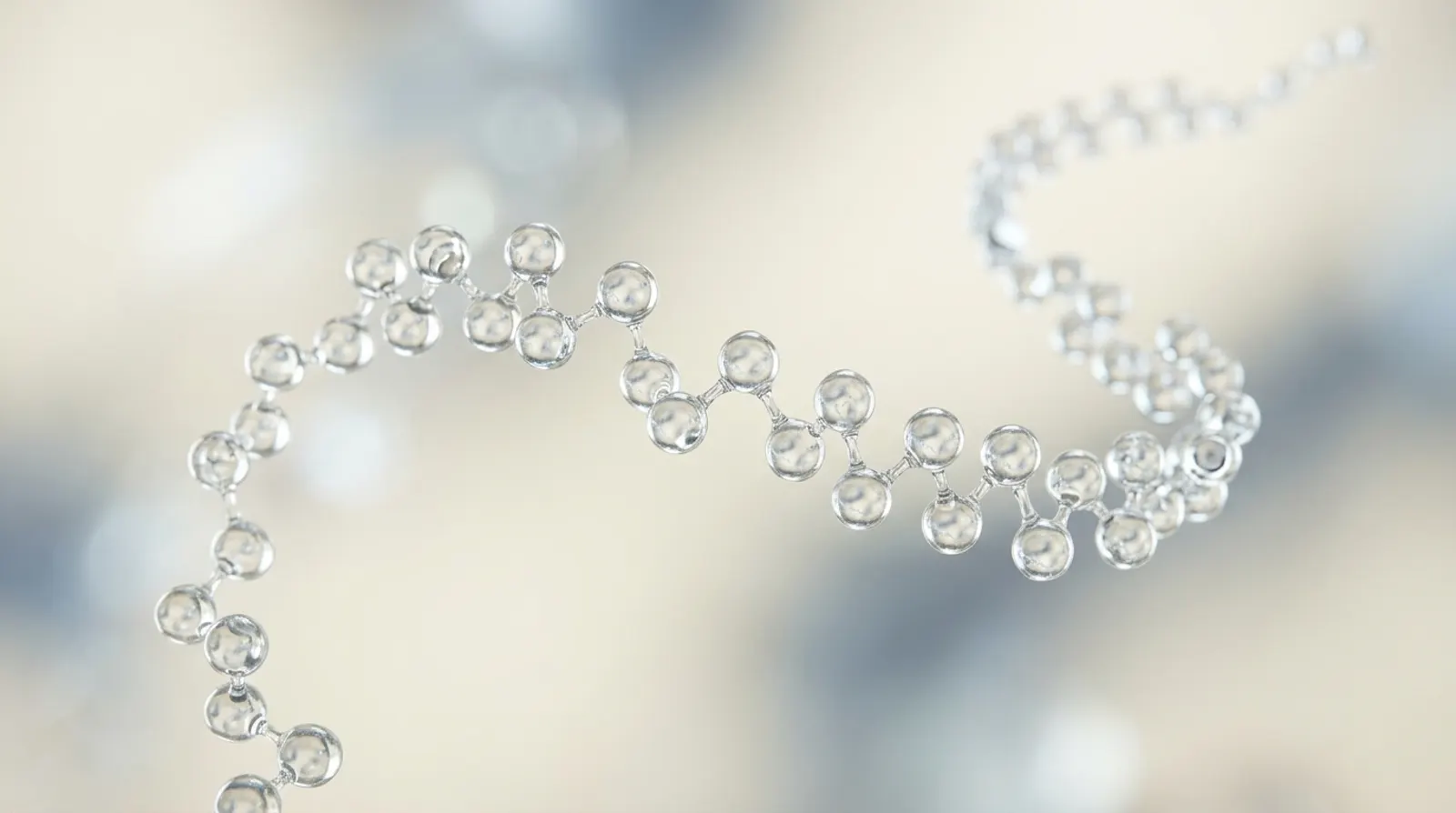 A translucent chain of linked molecular spheres suggesting a peptide strand